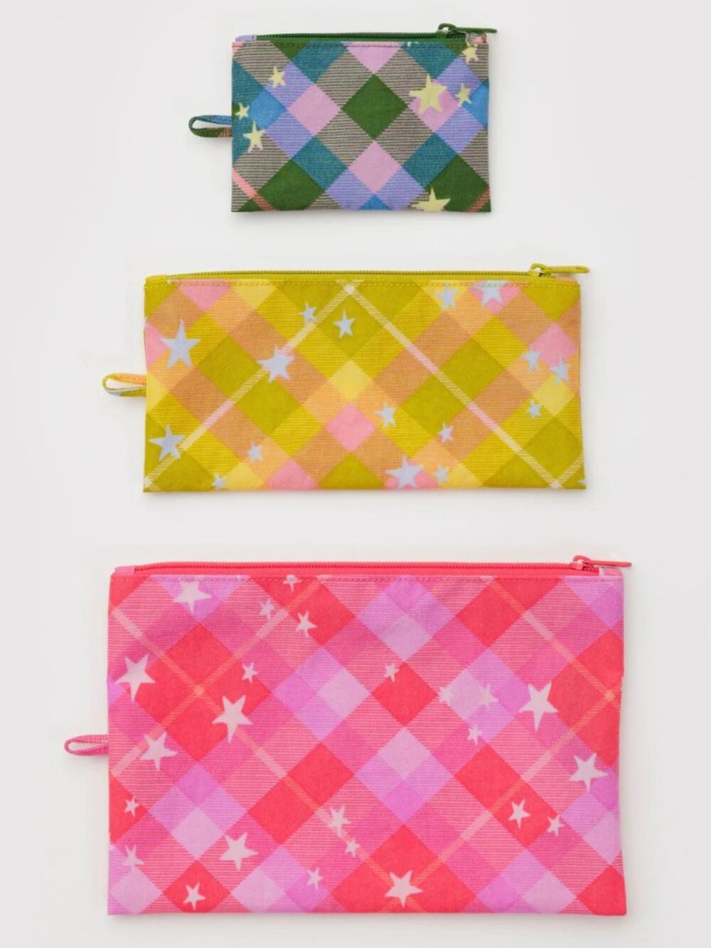 NWT Baggu Flat Pouch Set - Star Plaid (Pink, Yellow, Green)